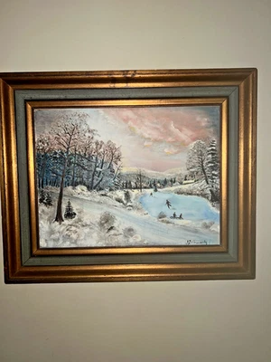 Oil on Board Winter Landscape  Skaters Painting signed JSchwartz Foto 1 de 4