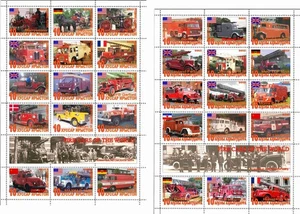Hoja de sellos + bloque Coches de bomberos del mundo Osetia del Sur edición 2013 - Imagen 1 de 1