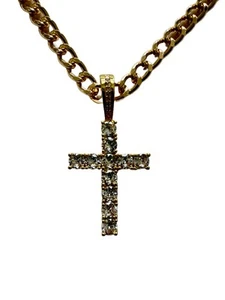 Edelstahl vergoldet Zirkonia Kreuz mit großen Diamanten 24 Zoll - Bild 1 von 6