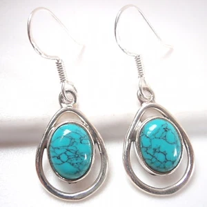 Turquoise Oval in Hoop 925 Sterling Silver Dangle Earrings Corona Sun Jewelry - Picture 1 of 2
