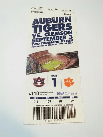2016 Auburn Tigers Clemson Tigers Football Ticket Stub Cover