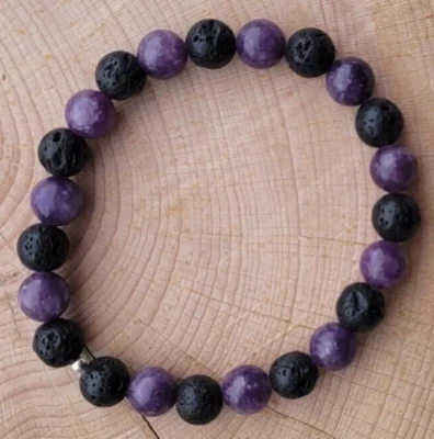 Bracelet de perles Améthyste et pierre de Lave, Sur mesure Homme Femme - Photo 1/2