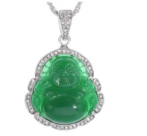 New Green Jade Color Happy Buddha Yoga Large Pendant Necklace Steel CZ Stone - Picture 1 of 3