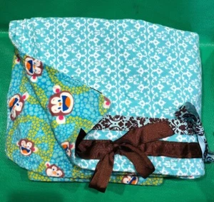 Flannel Baby Blanket Handmade Monkey Aqua Yellow ☮️ Brown Ribbon - Picture 1 of 7