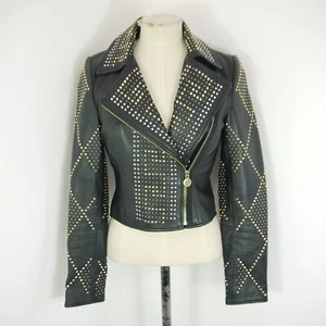 Versace for HM giacca di pelle nera borchiata biker ritagliata taglia UK 4 - Foto 1 di 9
