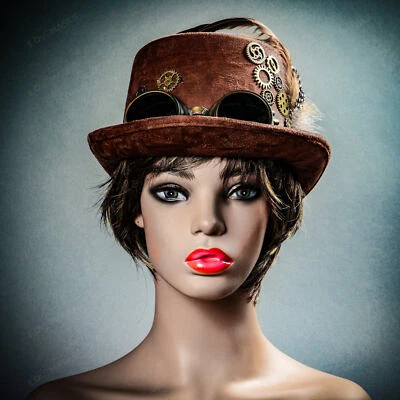 Gafas Victorianas Steampunk Mujeres Únicas Fiesta Disfraz Sombrero con Pluma Marrón Foto 1 de 4
