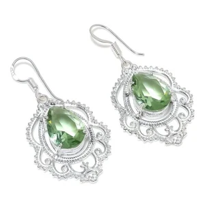 Green Amethyst Gemstone Handmade 925 Sterling Silver Jewelry Earring Size 1.5" - Picture 1 of 1