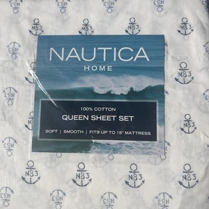 Nautica Coastal Beach “ALL AT SEA” White Blue Anchors QUEEN Sheet Set 4pc - Picture 1 of 6