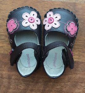 Pediped Flex Originals Brown Leather Pink Floral Toe Hook & Loop Shoes 0-6 Month