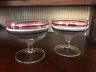 Vtg Clear Glass Sherbet Dessert Bowls Footed Dishes Red White Blue Accent Rims