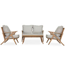 4 PCS Acacia Wood Patio Furniture Set Outdoor Seating Sofa Set Grey Cushions