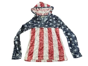US Vintage American Flag V Neck Hooded Pullover Top Size M Red White Blue - Picture 1 of 9