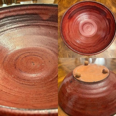 Vintage Studio Art Pottery Stoneware Red Iron Saturate Glazed 14.5” Bowl Footed - Image 1 of 4
