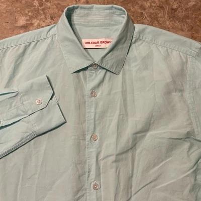 Camisa Orlebar Marrón Para Hombre Grande Verde Azulado Manga Larga Botón Algodón Sarga Playa Foto 1 de 4