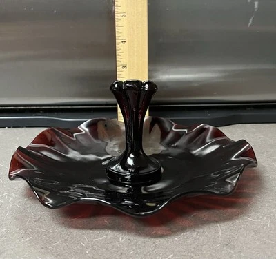 Vintage Anchor Hocking Glass Tidbit Tray Royal Ruby Red Center Handled Plate - Image 1 of 3