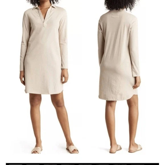 Frank & Eileen Nicole Size LG Popover Henley Cotton Dress Shirt Beige Sand Polo - Image 1 of 4