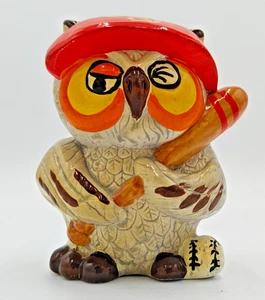 Vintage 70's Enesco Ceramic Winking Owl Coin Bank Baseball Bat MCM Retro Kitsch - Picture 1 of 6