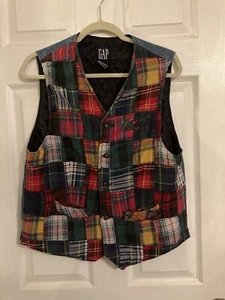 VTG 90s GAP patchwork vest 5-Button Multicolor Plaid Denim Quilted Vest Size S - Picture 1 of 5
