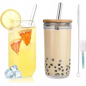2 Stück Glasbecher Mit Deckel Und Strohhalm 720ml Trinkgläser Eiskaffeebecher DE - Bild 1 von 16
