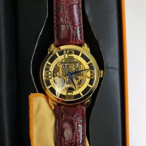 Working Stuhrling Mens Automatic Skeleton Watch Gold Tone 90089 Original Box Tag - Picture 1 of 11