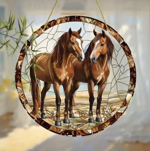 Horse Pair Suncatcher Stained Glass Look Plastic Window Hanging Decoration 20cm - Picture 1 of 4