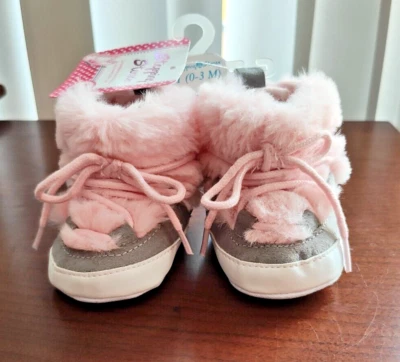 Stepping Stones Baby Girl Booties-Gray w/Pink-Size 1 (0-3months)-New w/Tags - Image 1 of 4