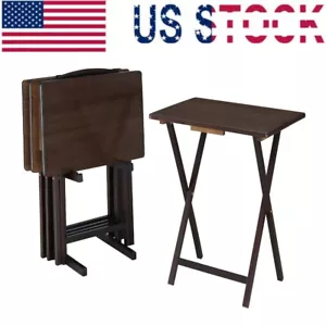 Indoor Folding Table Set of 4 in Walnut L19x W15 x H26 in. 4 Tables+1 Rack Stand - Picture 1 of 7