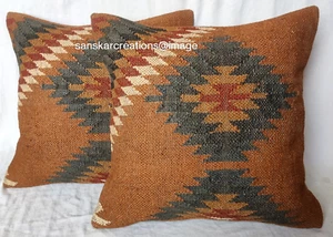 2 Pcs Handmade Kilim Jute Cushion Cover 18" Square Home Decor Throw Pillow Case - Picture 1 of 6