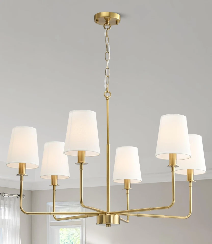 6-Light Classic Chandelier with Brushed Gold Finish & Linen Shades, E12 Base Rus - Image 1 of 4