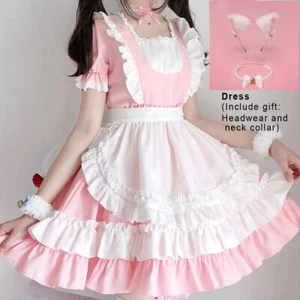 Women Sexy Vintage Sweet Girl Pink Lolita Dress Kawaii Cute Maid Uniform Outfit - Picture 1 of 26