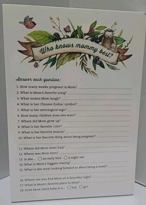 Tarjetas de juego impresas para baby shower 50 animales del bosque "¿Quién conoce mejor a mamá?" Nuevo en paquete Foto 1 de 4