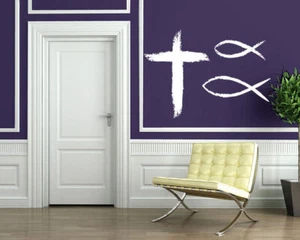 Wall Sticker Vinyl Decal Christian symbols faith religion cross God fish (n528) - Picture 1 of 1