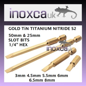 SLOT BIT FLAT SCREWDRIVER INSERT GOLD 3mm 4.5mm 5.5mm 6mm 6.5mm 8mm 50mm 25mm - Picture 1 of 1