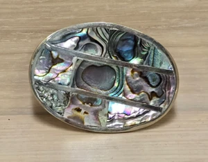 Vintage Silver Oval Belt Buckle with Mother of Pearl Made in Mexico - Picture 1 of 5
