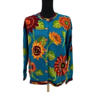Design Options by Philip Jane Gordon Blue Flowers Womans Cardigan Sweater Size L - Picture 1 of 8