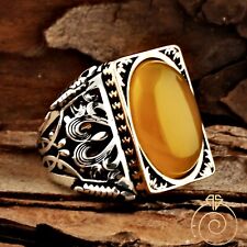 Man Amber Ring Rectangle Celtic Huge Silver Resin Rings For Men Gemstone Jewelry