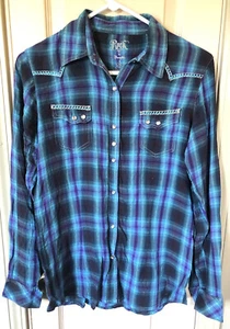 Rock 47 By Wrangler Womens Sm Purple/Blue Plaid Long Sleeve Western Shirt - Picture 1 of 4