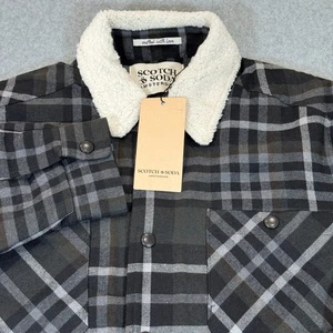 Scotch & Soda Sherpa Lined Plaid Flannel Jacket Gray Men's Small Snaps NWT - Picture 1 of 17