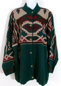 Southern Lady Sweater Cardigan Women Sz. XL Southwestern design Greens, Reds + - Picture 1 of 5