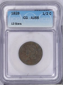 1828 Classic Head Half Cent 1/2c H1c ICG AU55 - 13 Stars - Picture 1 of 2