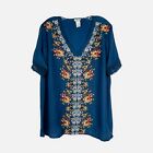 Sundance Catalog Women’s Large Embroidered V Neck Top Blouse Rossi Blue Summer