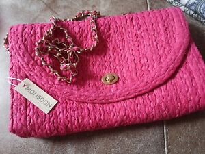 MONSOON stunning deep pink straw gold chain straw raffia shoulder bag crossbody 