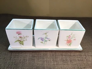 Vtg Portugal Ceramic Windowsill Planter Set 3 Pots with Tray & 1 Tray 9.5” Long - Picture 1 of 10