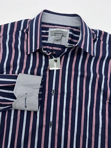 Johnston Murphy Mens Tailored Fit Shirt Sz L Blue Striped Long Sleeve Button Up - Picture 1 of 10