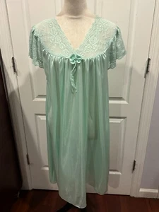 Women Blue Green Silky Short Sleeve VNeck Lace Nightgown w/bow 2XL 40"Lx24"W - Picture 1 of 5