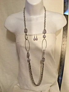 Lilac Purple Stone Beads with Silver Tone Links Long Necklace and Earring Set - Picture 1 of 11
