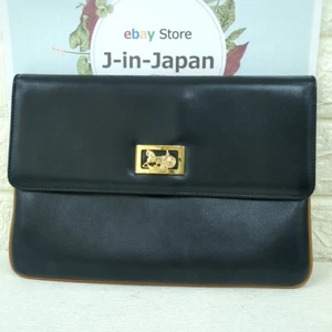 Celine Leather Carriage Hardware Clutch Bag Black Vintage Used from Japan - Picture 1 of 24