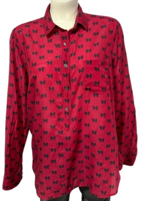 Blusa Camisa J Crew Para Mujer Roja Niño Navidad Estampado Lazo Algodón Seda Talla L o XL Foto 1 de 4