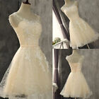 Shiny Champagne Short Wedding Dresses Lace Applique Sleeveless Illusion Gowns