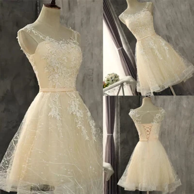 Shiny Champagne Short Wedding Dresses Lace Applique Sleeveless Illusion Gowns - Image 1 of 4